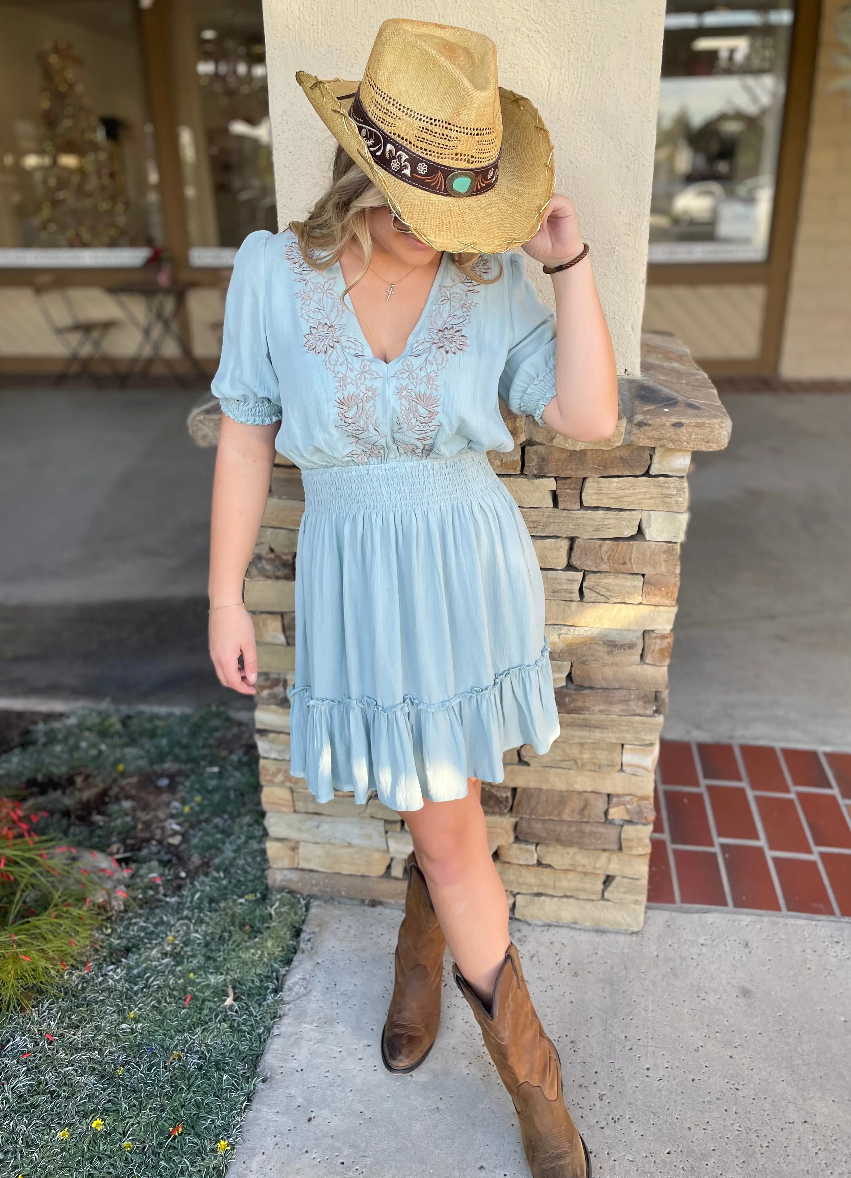 Austin Seafoam V-Neck Dress w/Taupe Embroidery Detail, Smocked Waist and Tie Back by Lovestitch