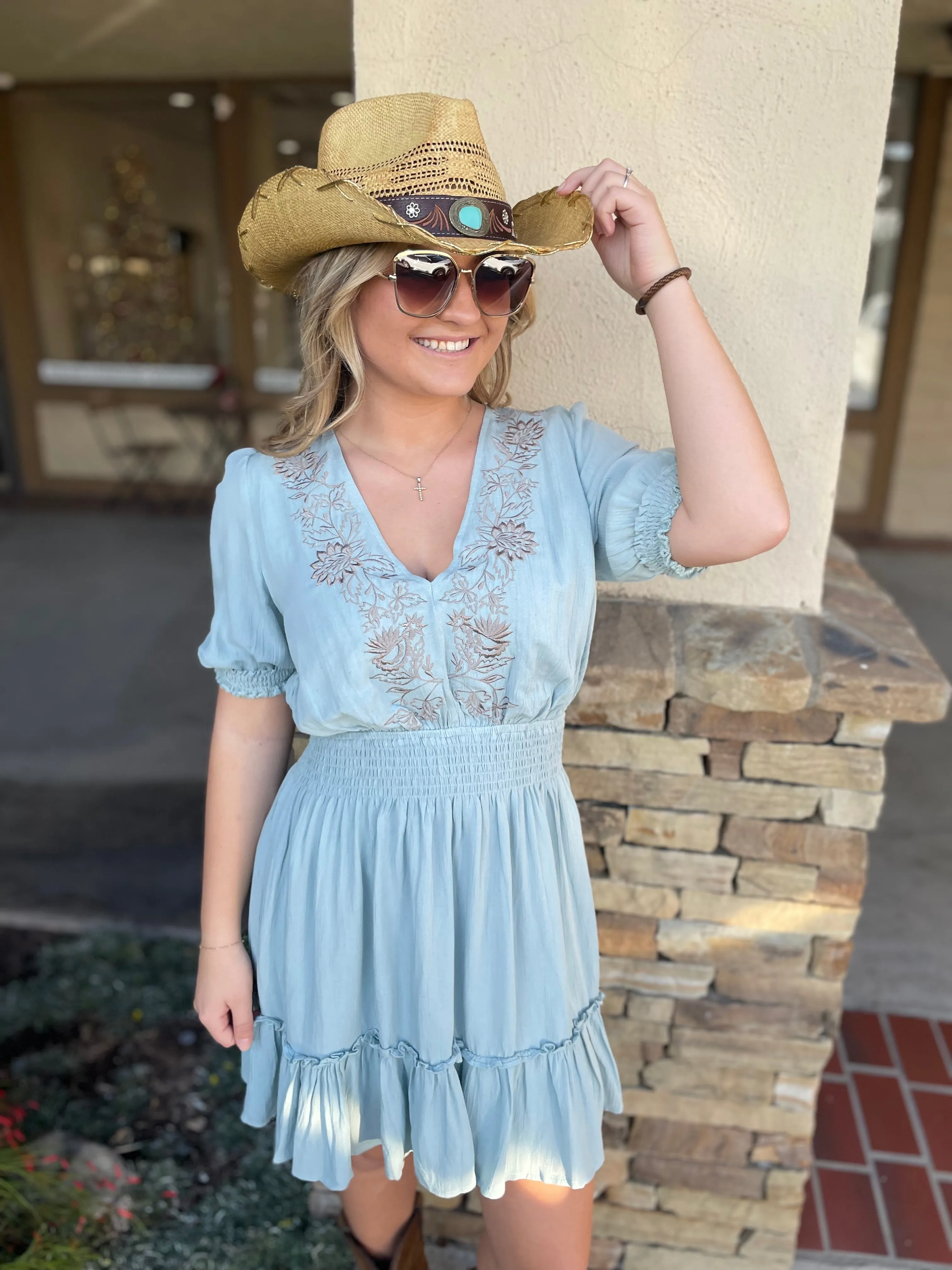 Austin Seafoam V-Neck Dress w/Taupe Embroidery Detail, Smocked Waist and Tie Back by Lovestitch