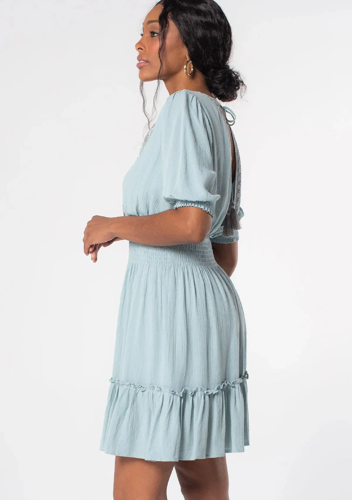 Austin Seafoam V-Neck Dress w/Taupe Embroidery Detail, Smocked Waist and Tie Back by Lovestitch