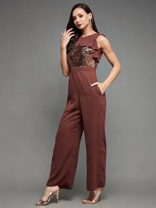 Burgundy Embellished Sequinned Solid Frilled Jumpsuit