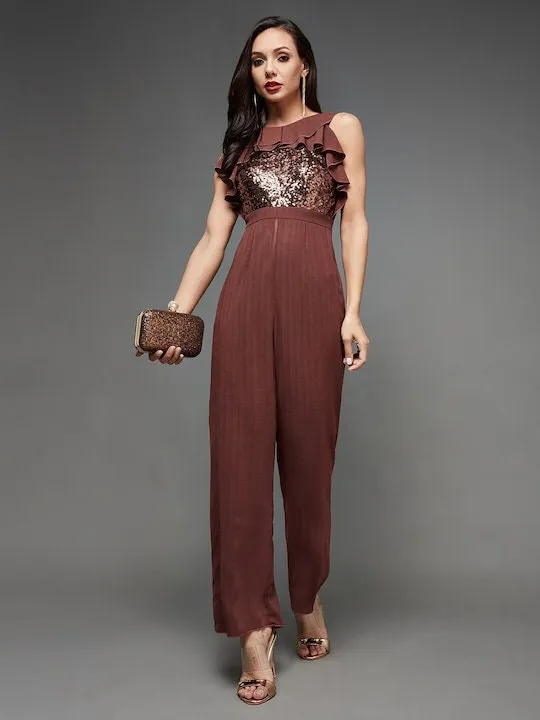 Burgundy Embellished Sequinned Solid Frilled Jumpsuit