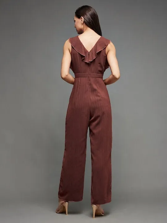 Burgundy Embellished Sequinned Solid Frilled Jumpsuit