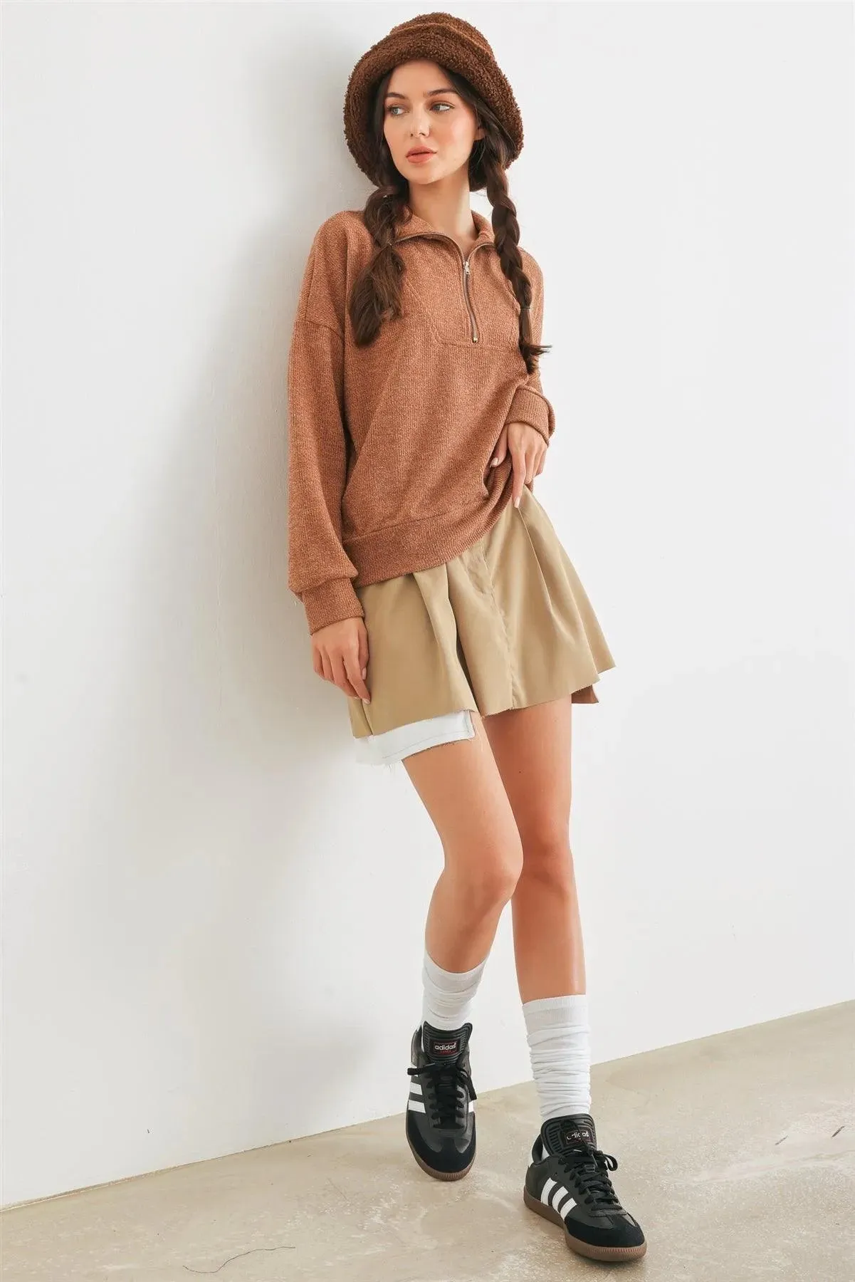 Camel Knit Zip-Up Neck Long Sleeve Top /2-2-2