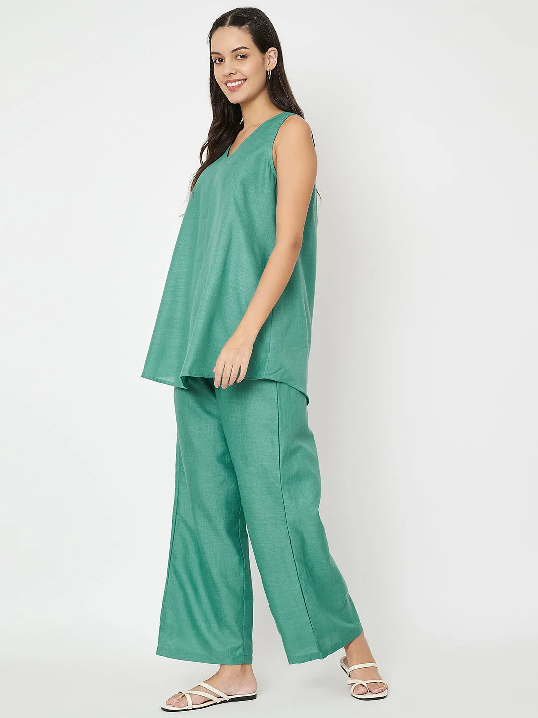Cotton Solid V-Neck Tunic Co-ord