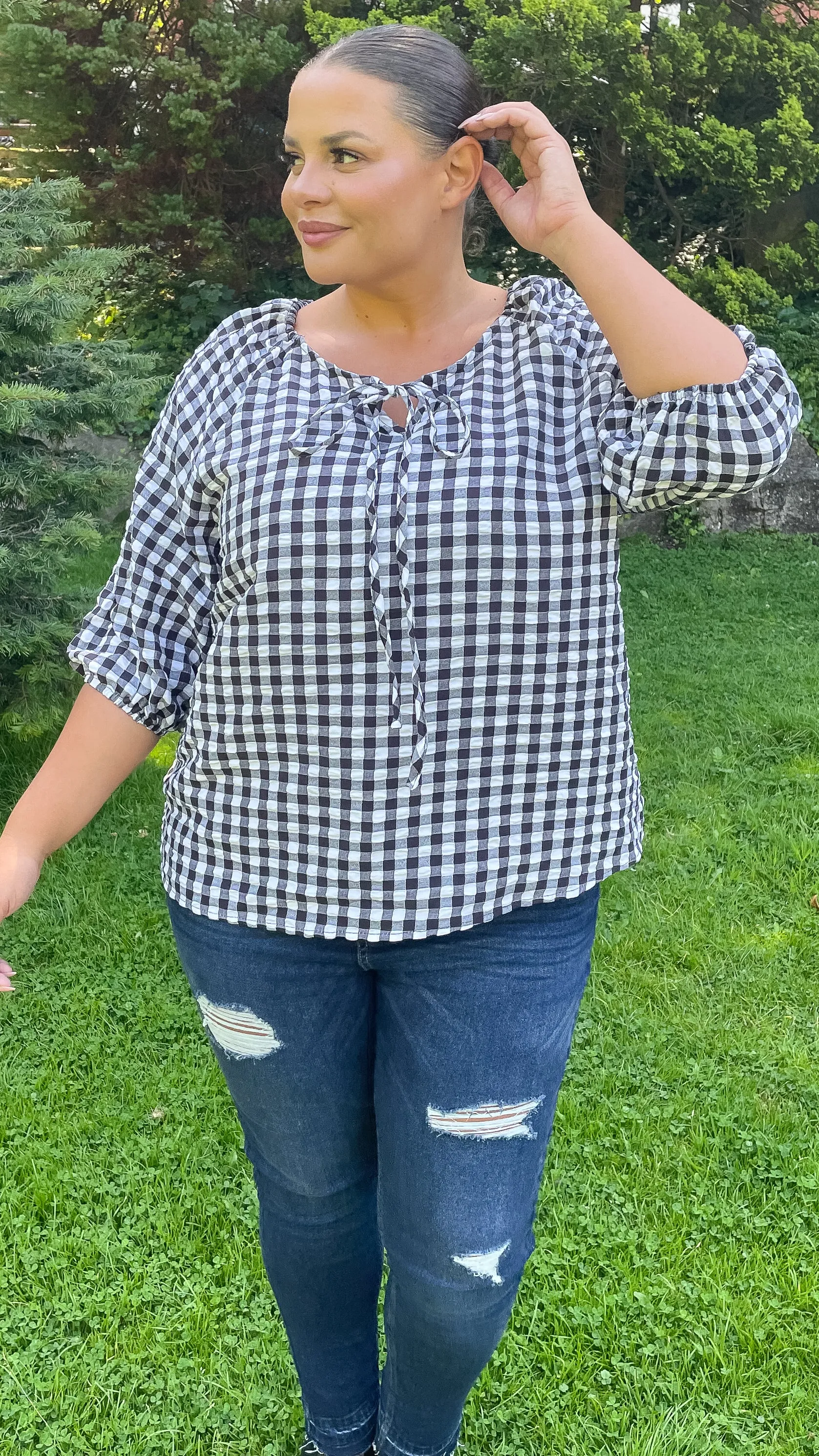 CurveWow Gingham 3/4 Sleeve Tunic