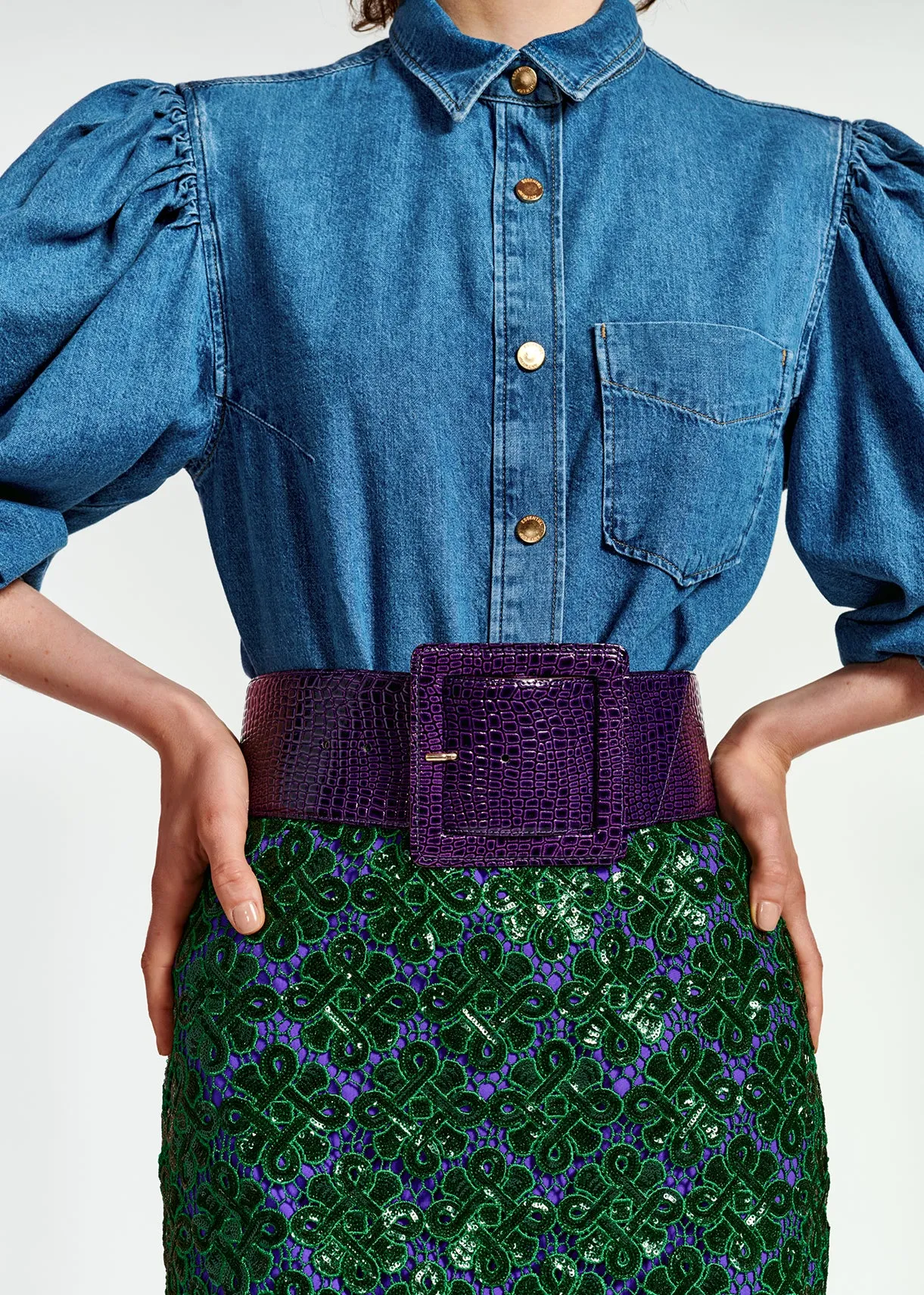 Dark green embellished lace pencil skirt