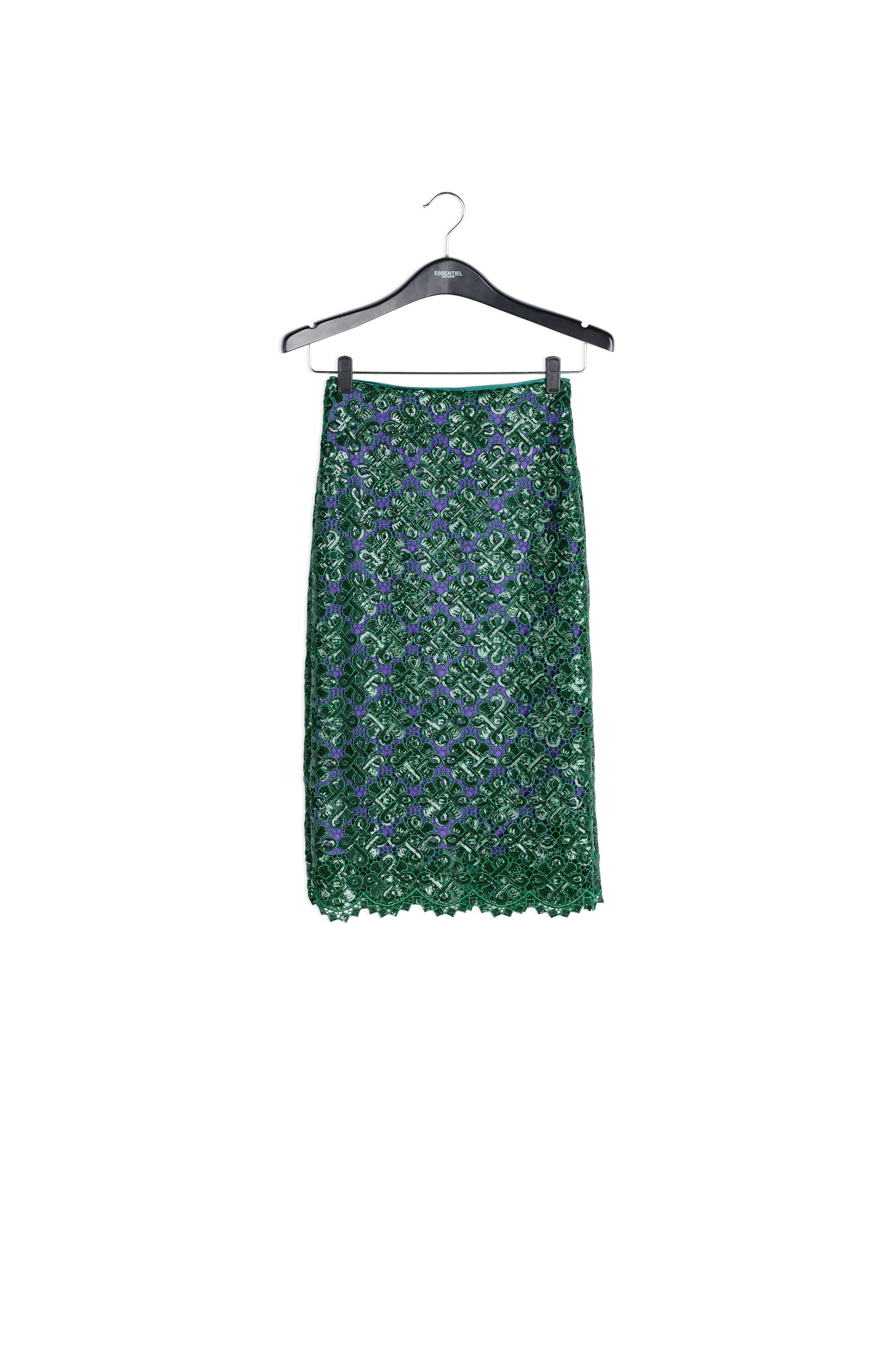Dark green embellished lace pencil skirt