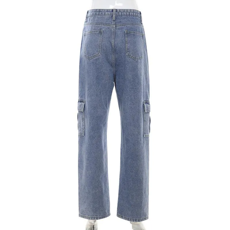 FashionSierra - Women's mid rise fashion cargo jeans loose fit baggy jeans