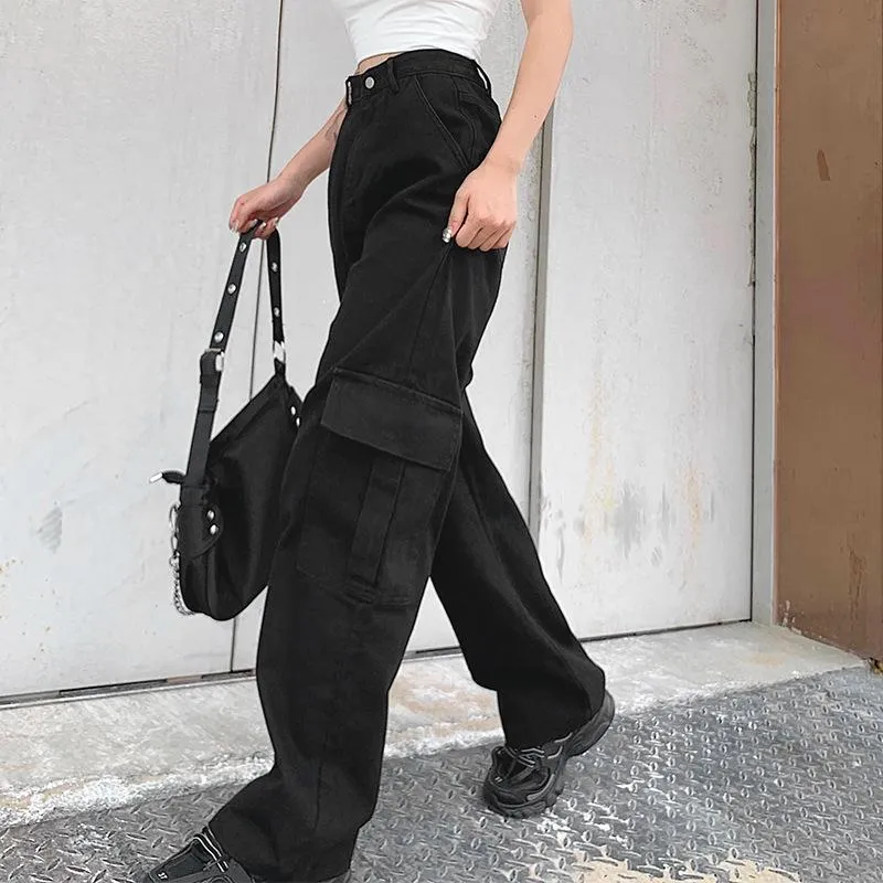 FashionSierra - Women's mid rise fashion cargo jeans loose fit baggy jeans