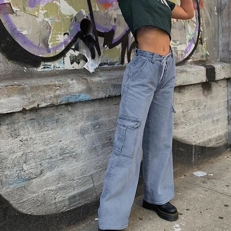FashionSierra - Women's mid rise fashion cargo jeans loose fit baggy jeans