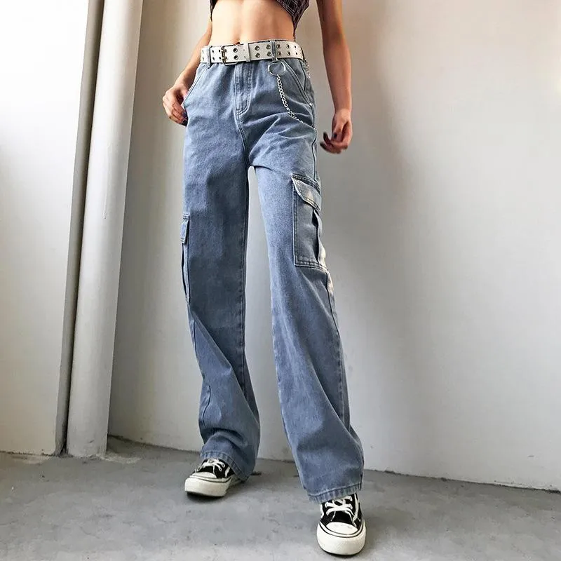 FashionSierra - Women's mid rise fashion cargo jeans loose fit baggy jeans
