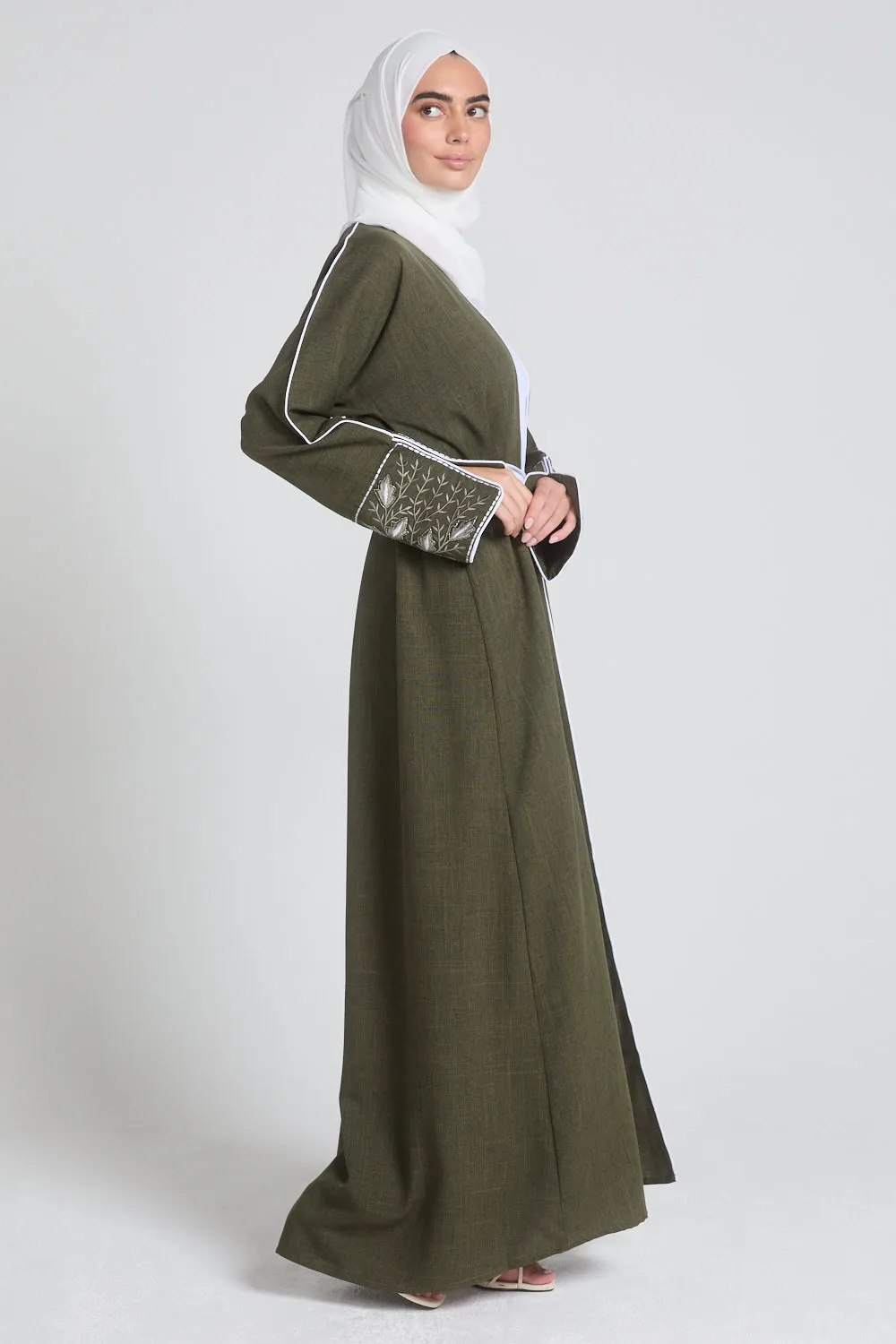 Four Piece Contrast Embroidered Cuff Open Abaya Set - Olive Green