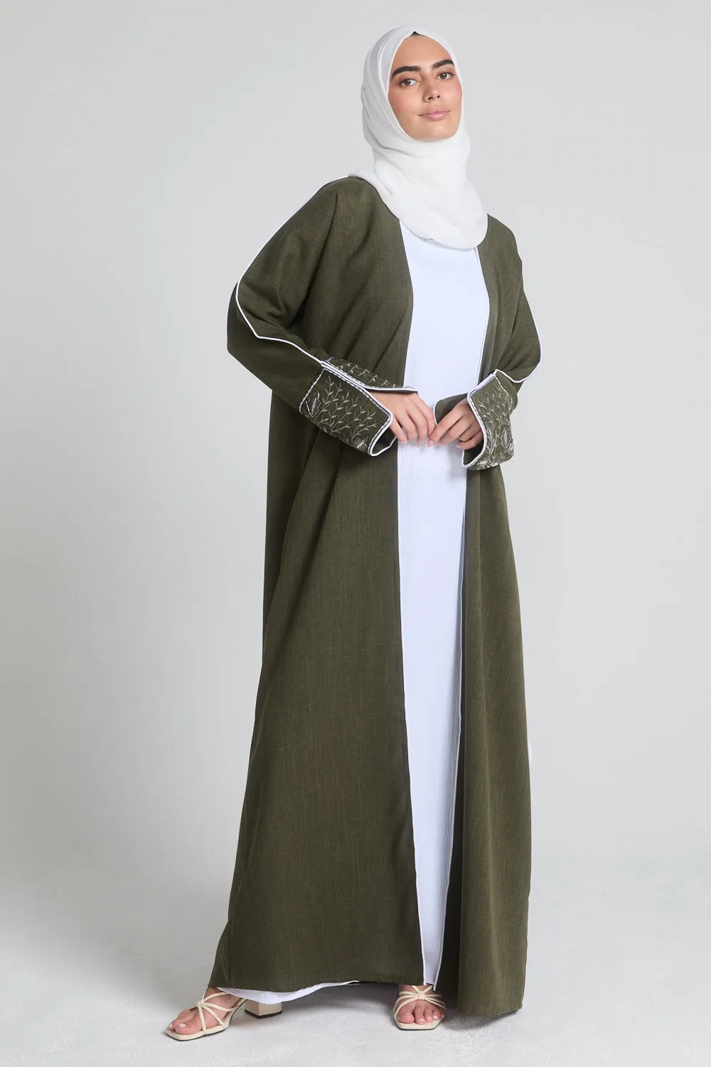 Four Piece Contrast Embroidered Cuff Open Abaya Set - Olive Green