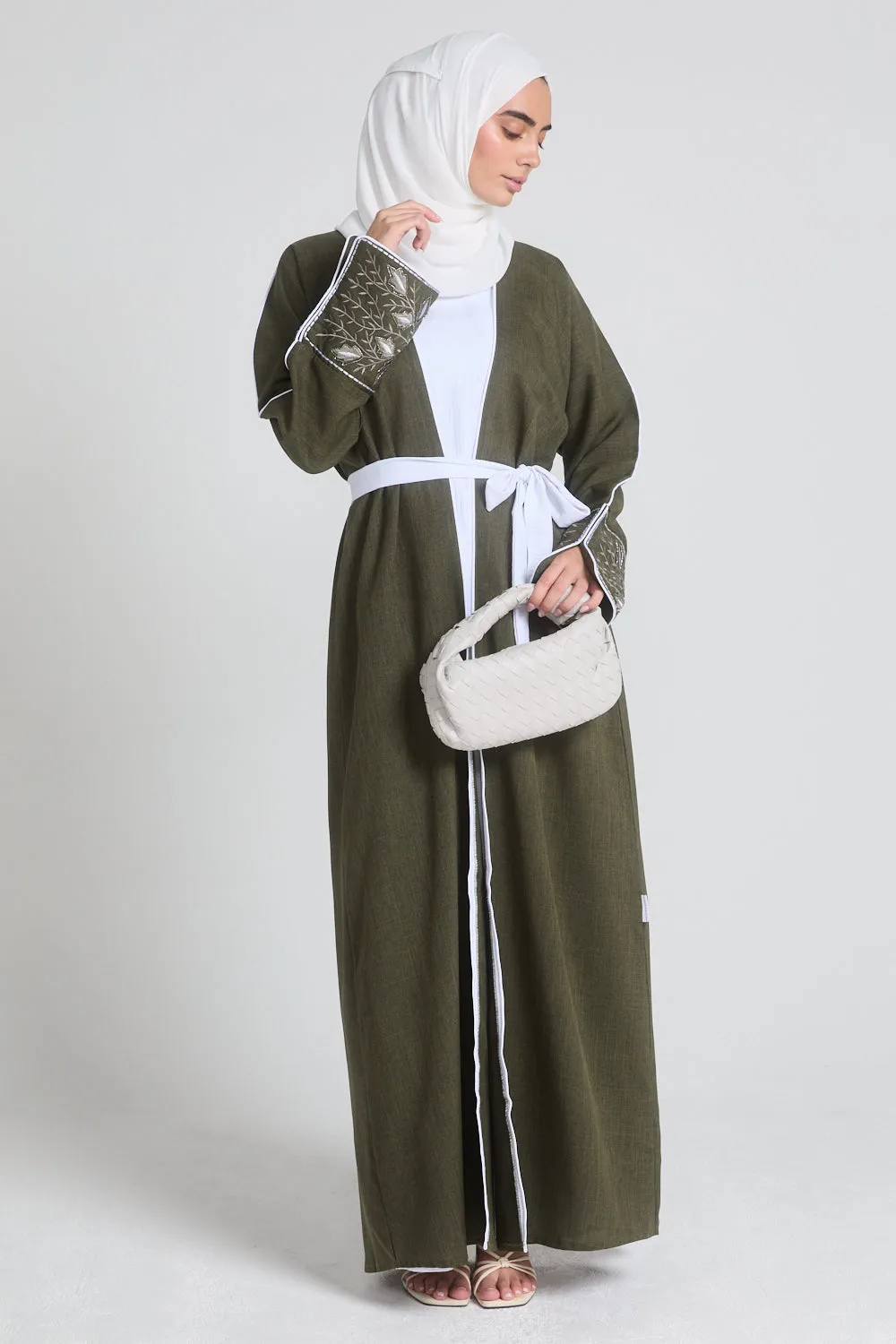 Four Piece Contrast Embroidered Cuff Open Abaya Set - Olive Green