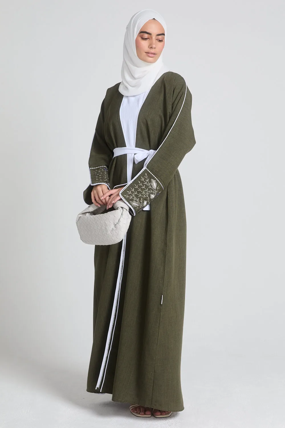 Four Piece Contrast Embroidered Cuff Open Abaya Set - Olive Green