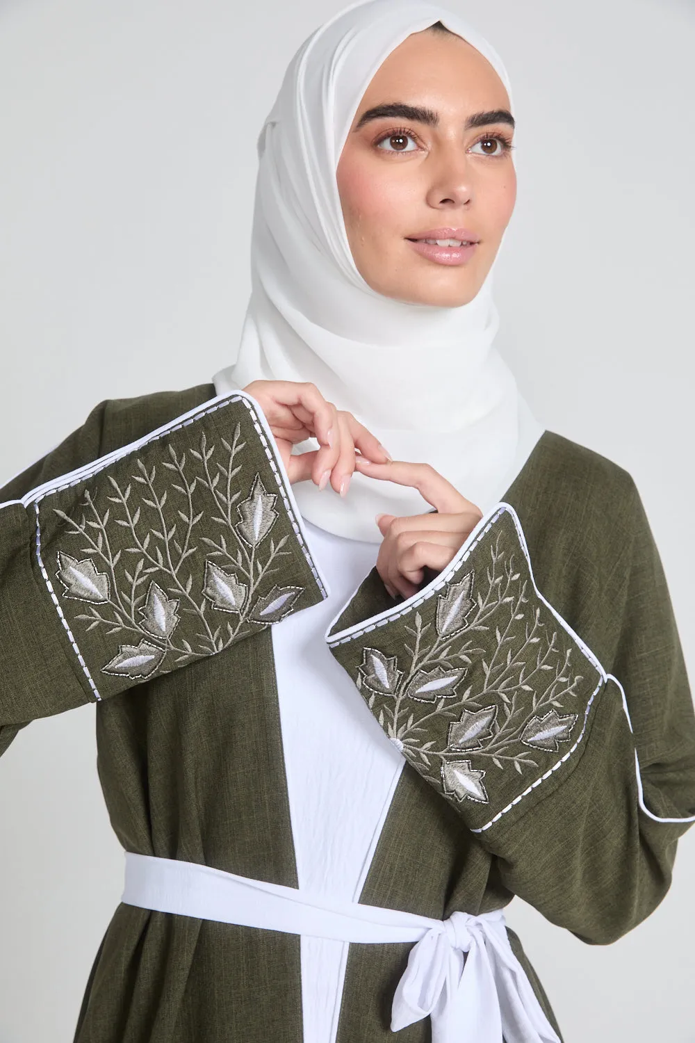 Four Piece Contrast Embroidered Cuff Open Abaya Set - Olive Green
