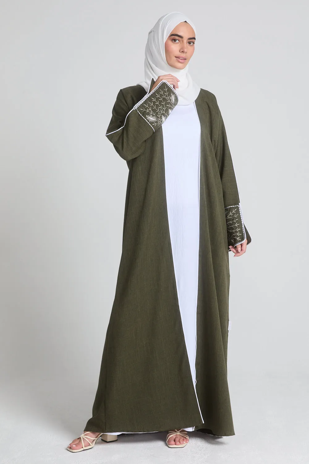 Four Piece Contrast Embroidered Cuff Open Abaya Set - Olive Green