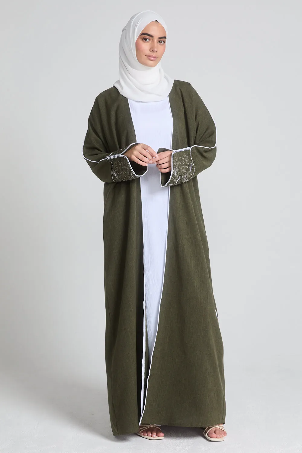Four Piece Contrast Embroidered Cuff Open Abaya Set - Olive Green