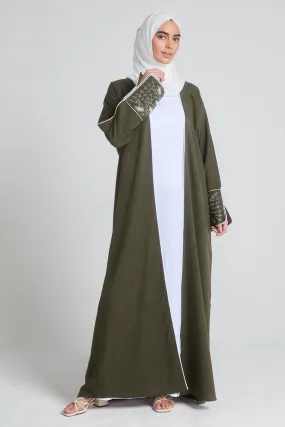 Four Piece Contrast Embroidered Cuff Open Abaya Set - Olive Green