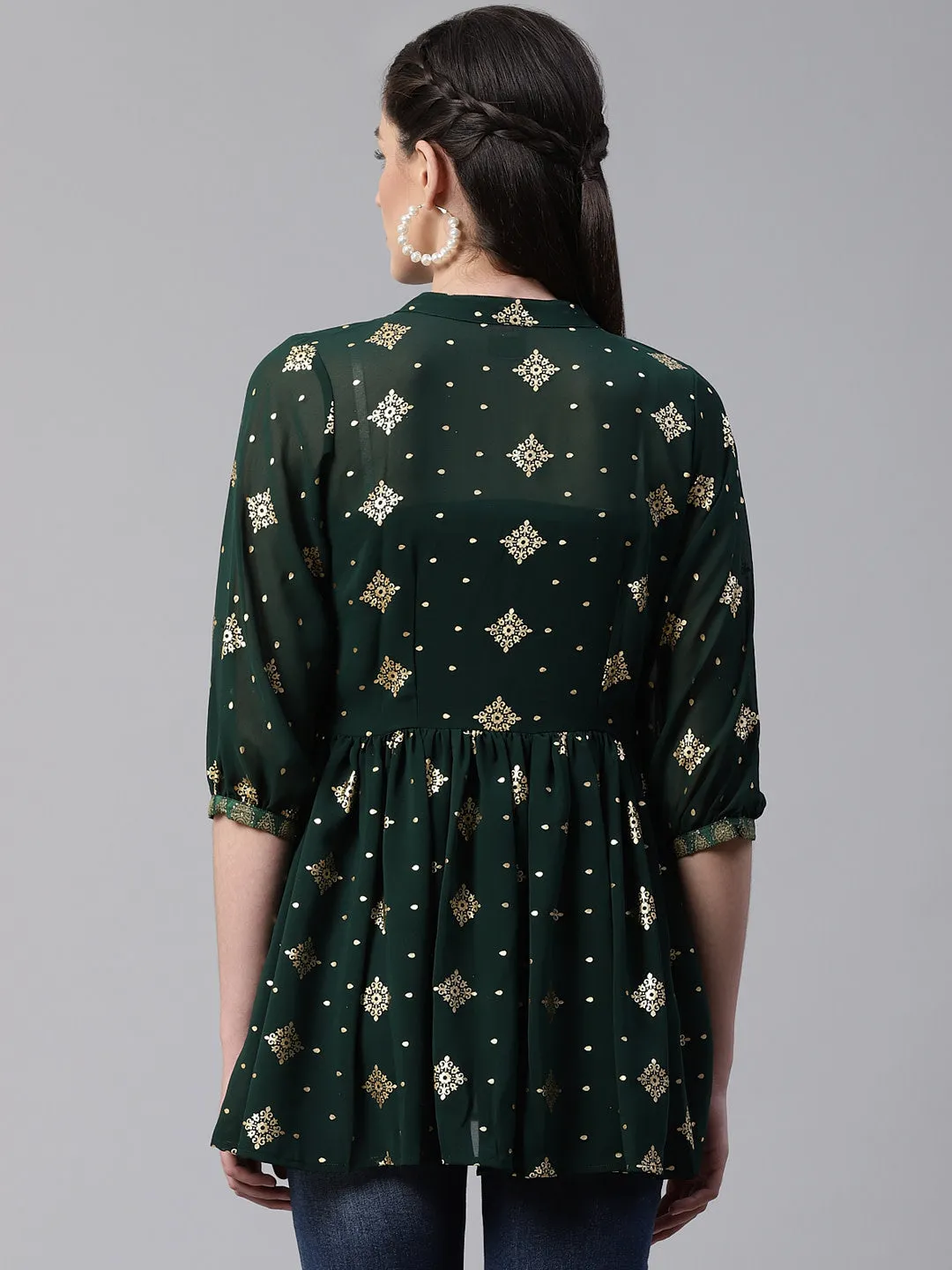 Green & Golden Printed Semi-Sheer Front-Open Kediya Tunic