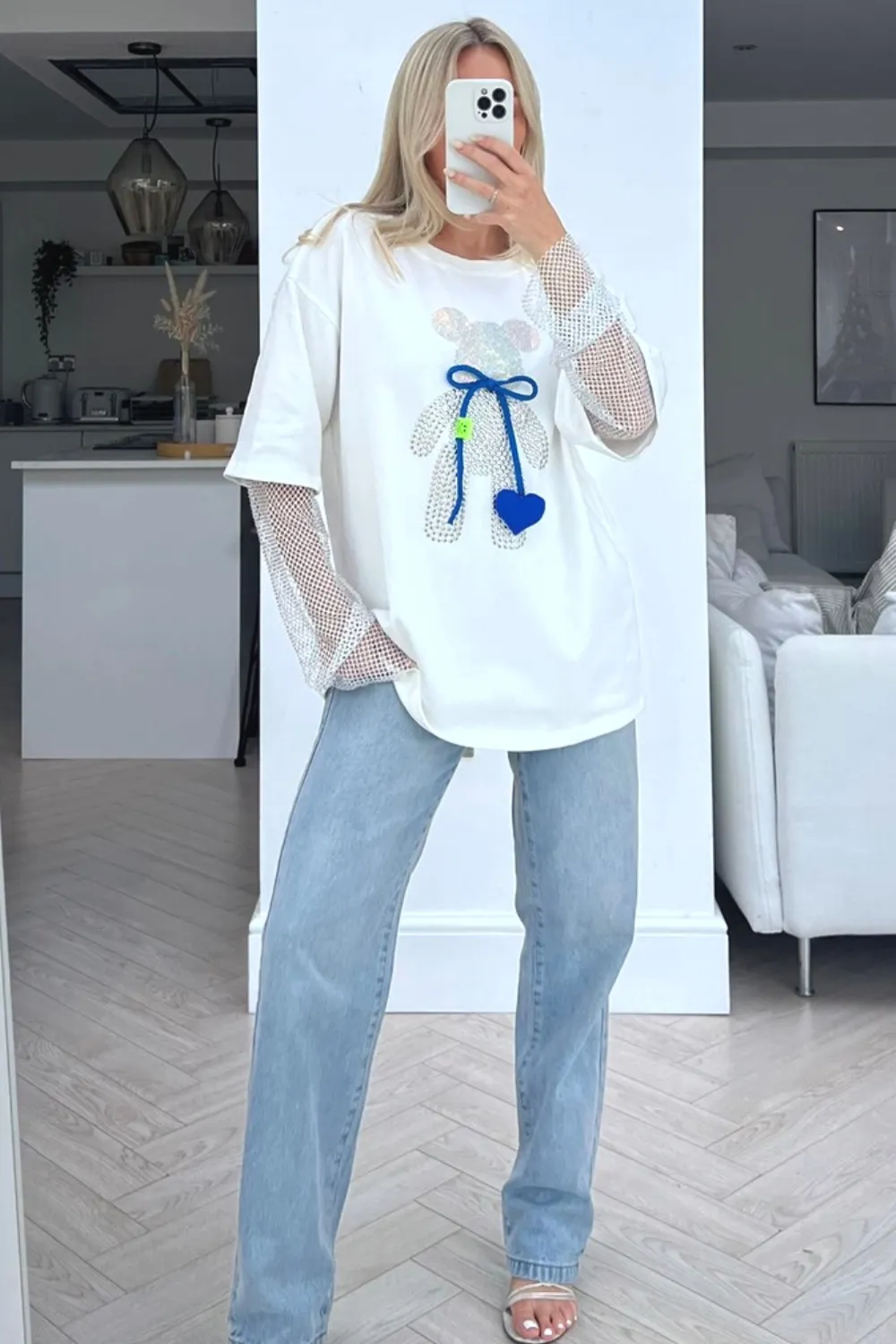 Heart Teddy White embellished sheer sleeve top