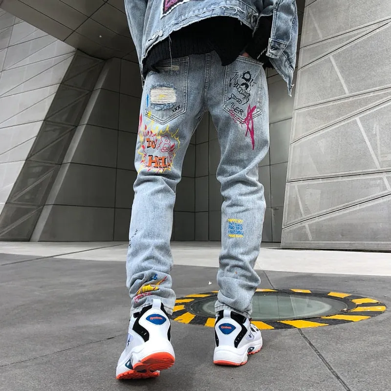 Letter Printed Ripped Loose Jeans