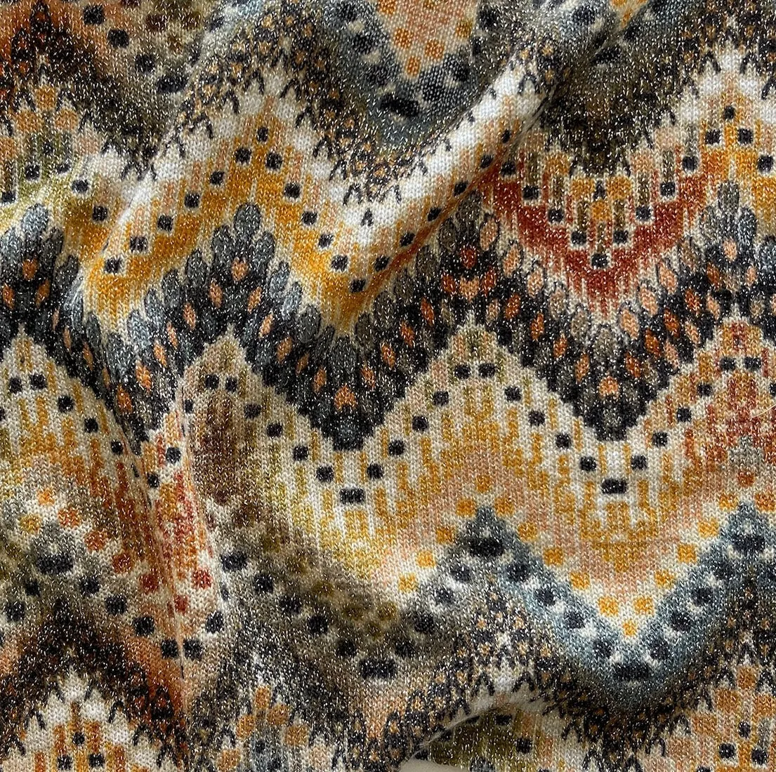Light-Weight Metallic Butterscotch Zig-Zag Polyester Blend Sweater Knit (Made in Italy)