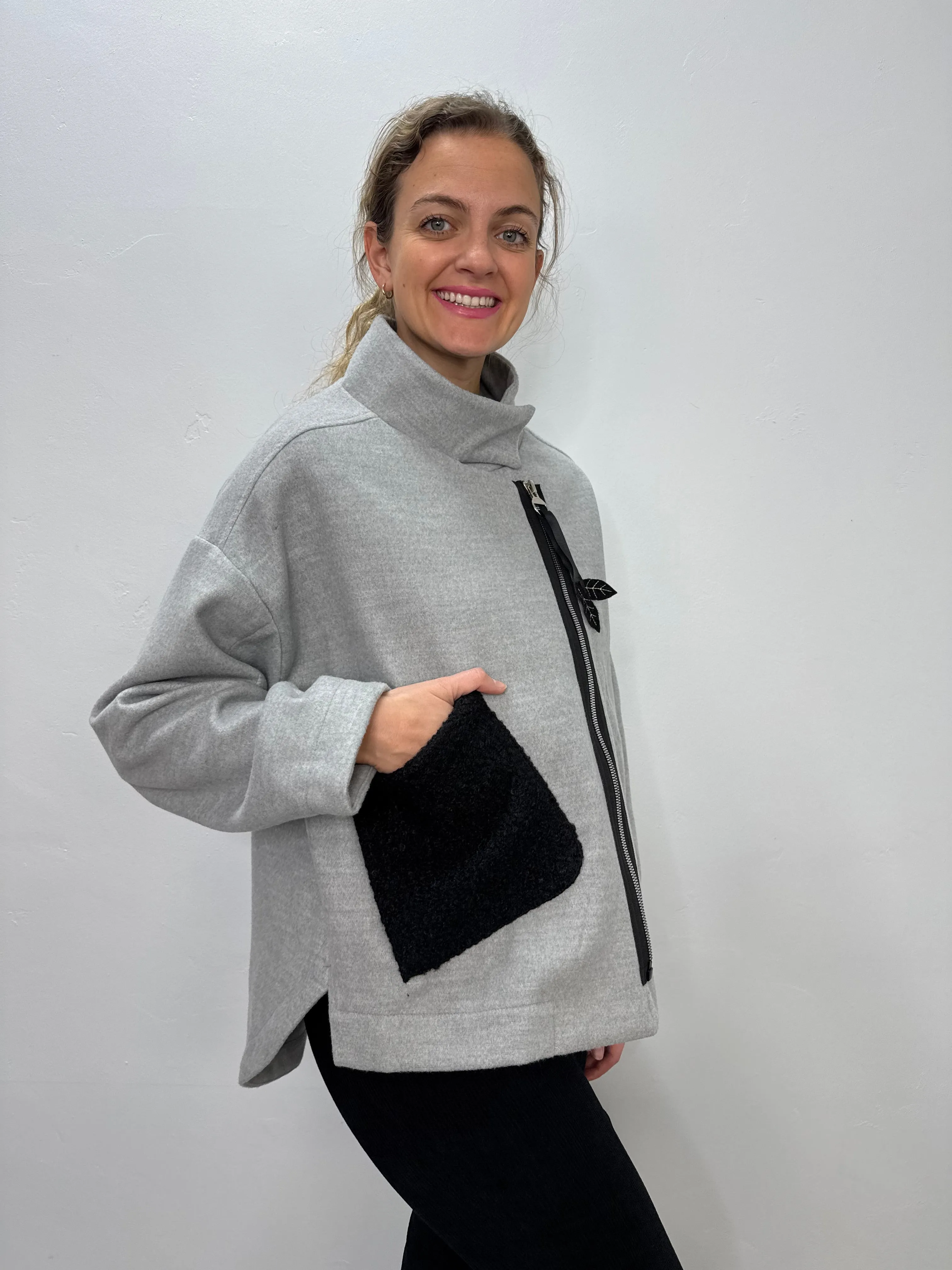 Long Sleeve Jacket with Diagonal Zipper