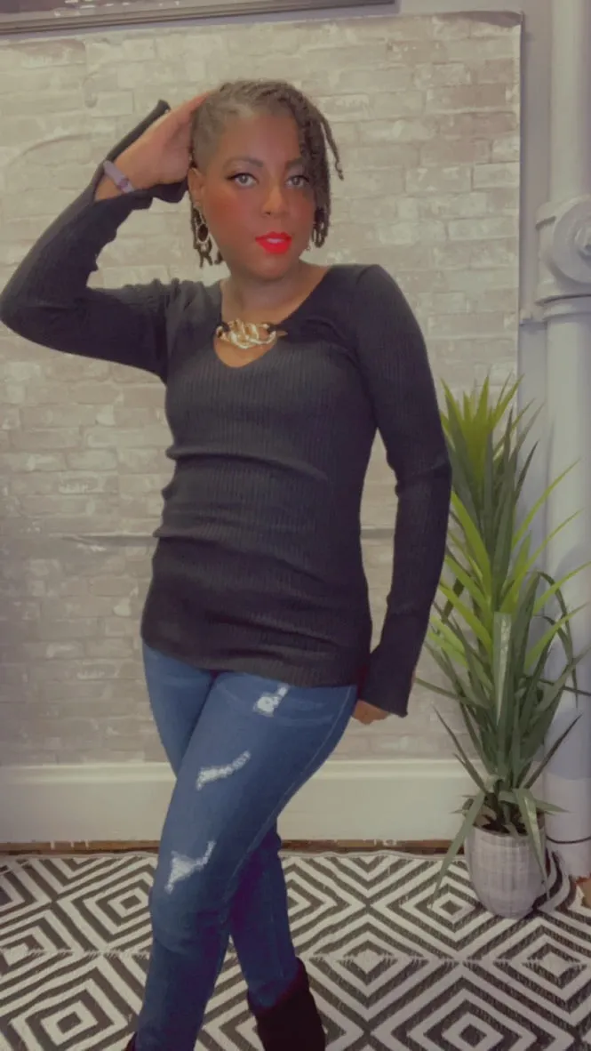 Long Sleeve Rib Chain Detail Cut Out Sweater