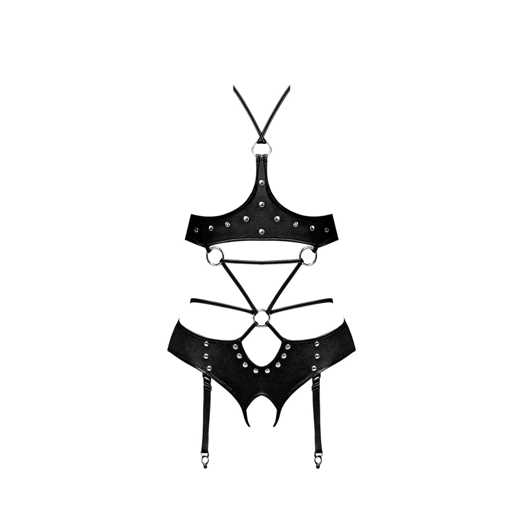 Magic Silk Lust Fetish Urania Leather Look Open Cup Crotchless Halter Teddy Black