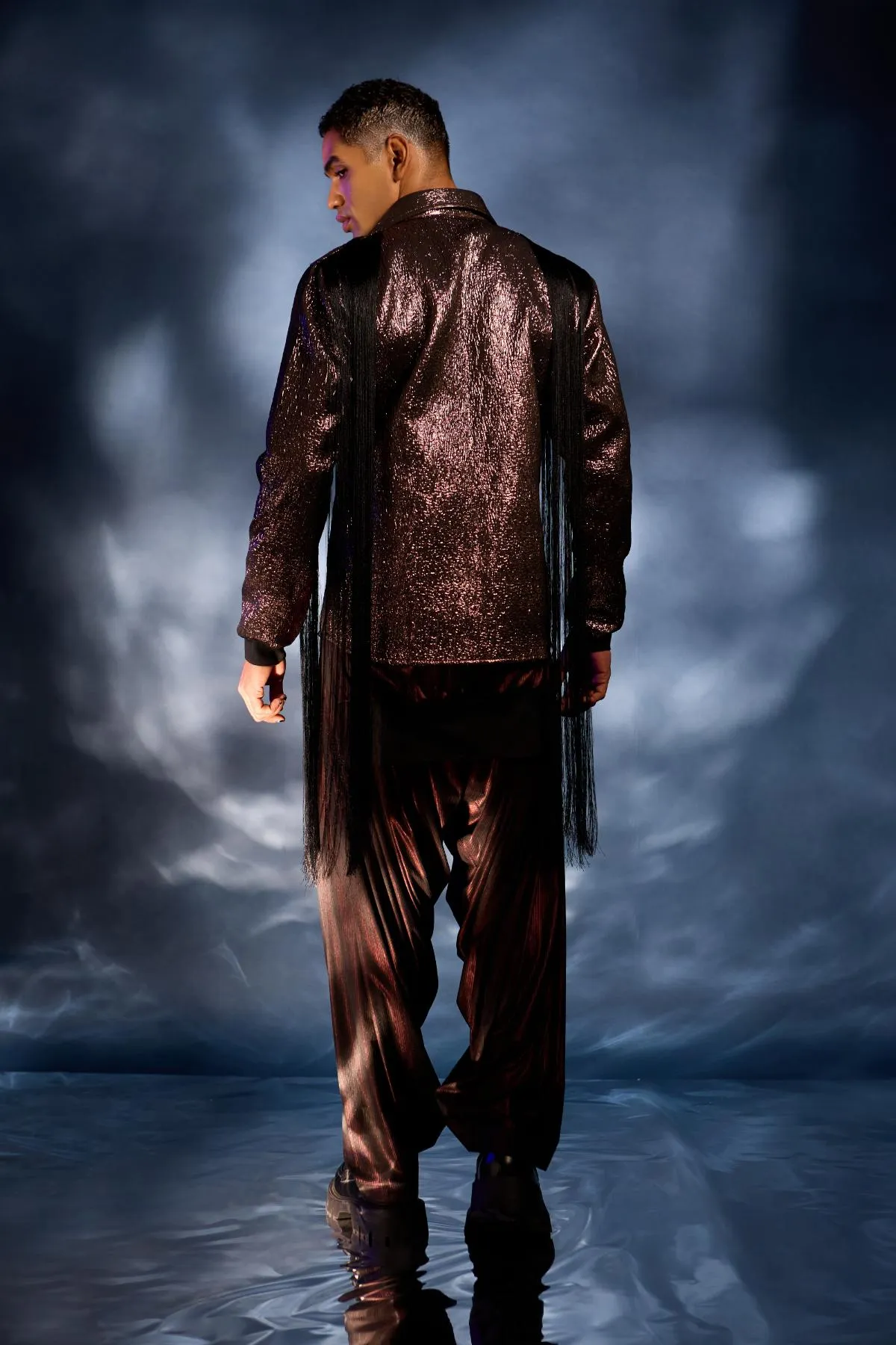 metallic copper jacket with tunic and cowled pants