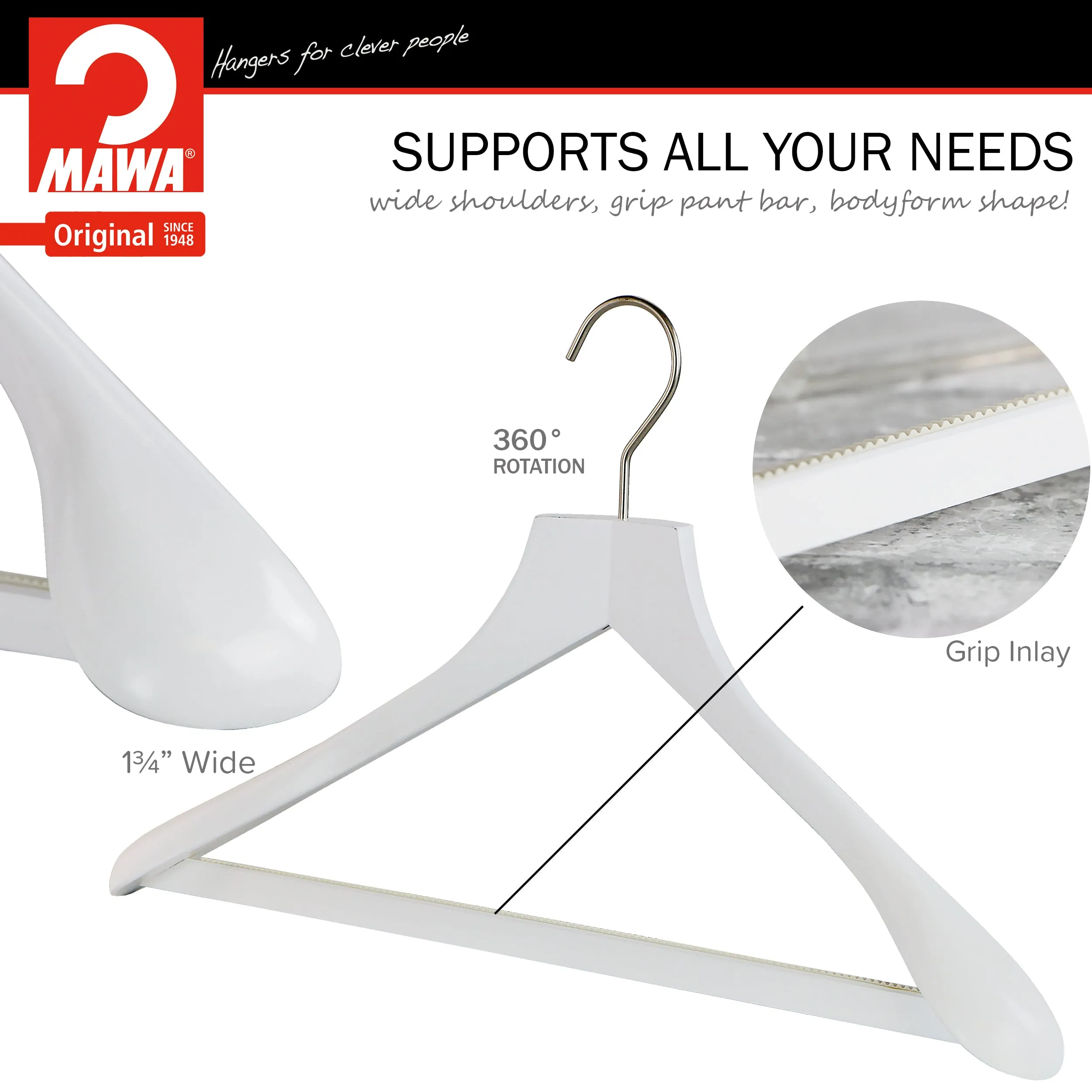 Metropolis Series, Bodyform Wide Shoulder Coat Hanger with Pant Bar, Profi 45/SV/HRS, White, Silver Hook