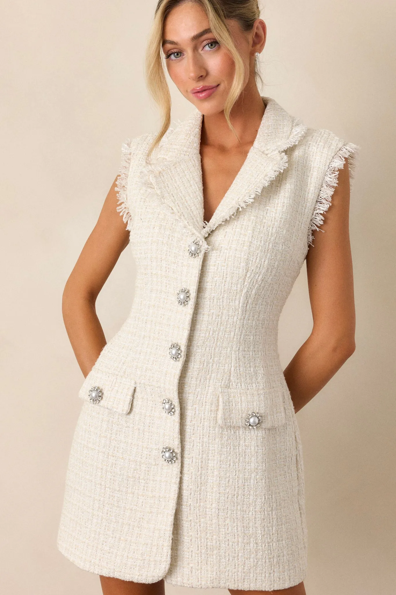 My Own Ways Ivory Tweed Mini Coat Dress