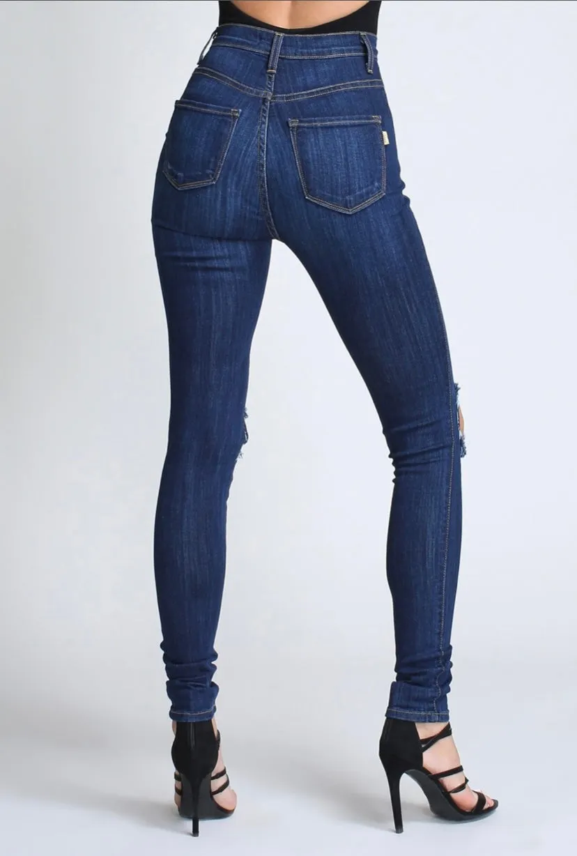 Open Knee High Waist Stretch Jeans