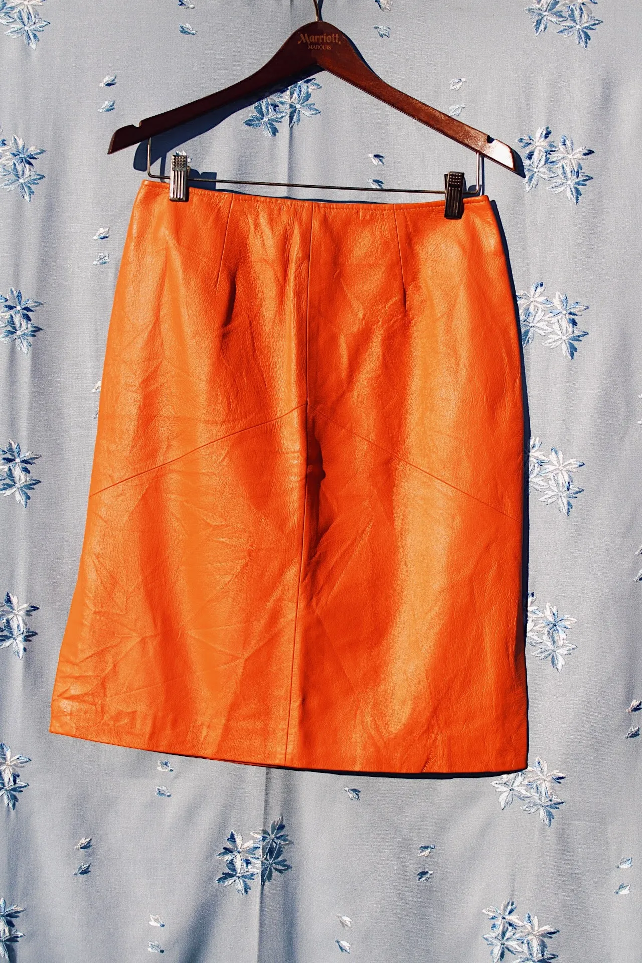 Orange Leather Pencil Skirt