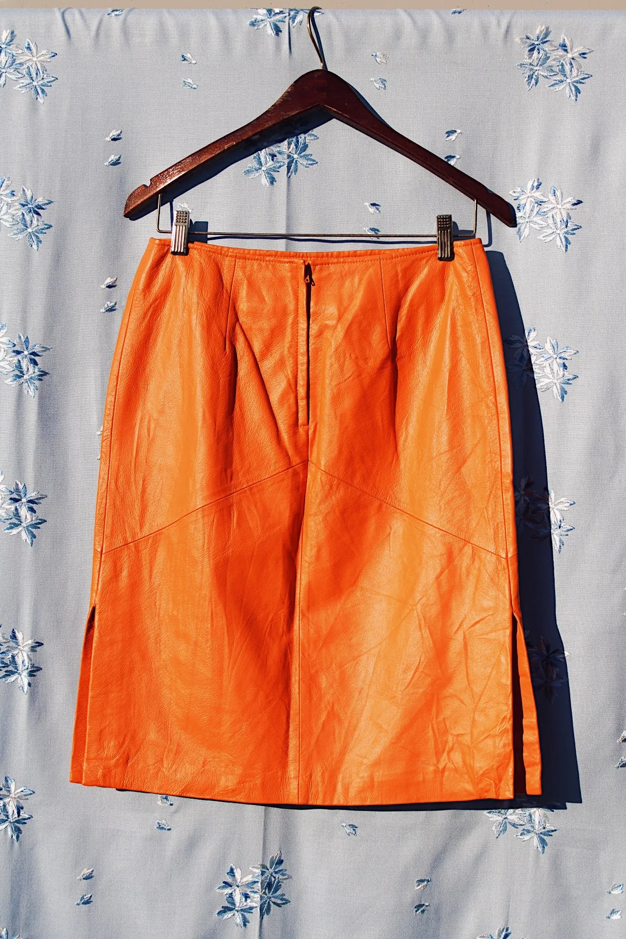 Orange Leather Pencil Skirt