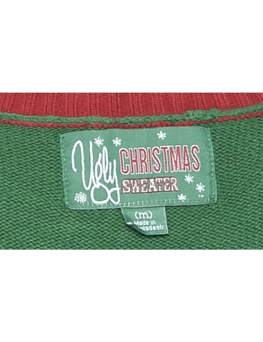 Pug Patchwork Dark Green Christmas Jumper - M
