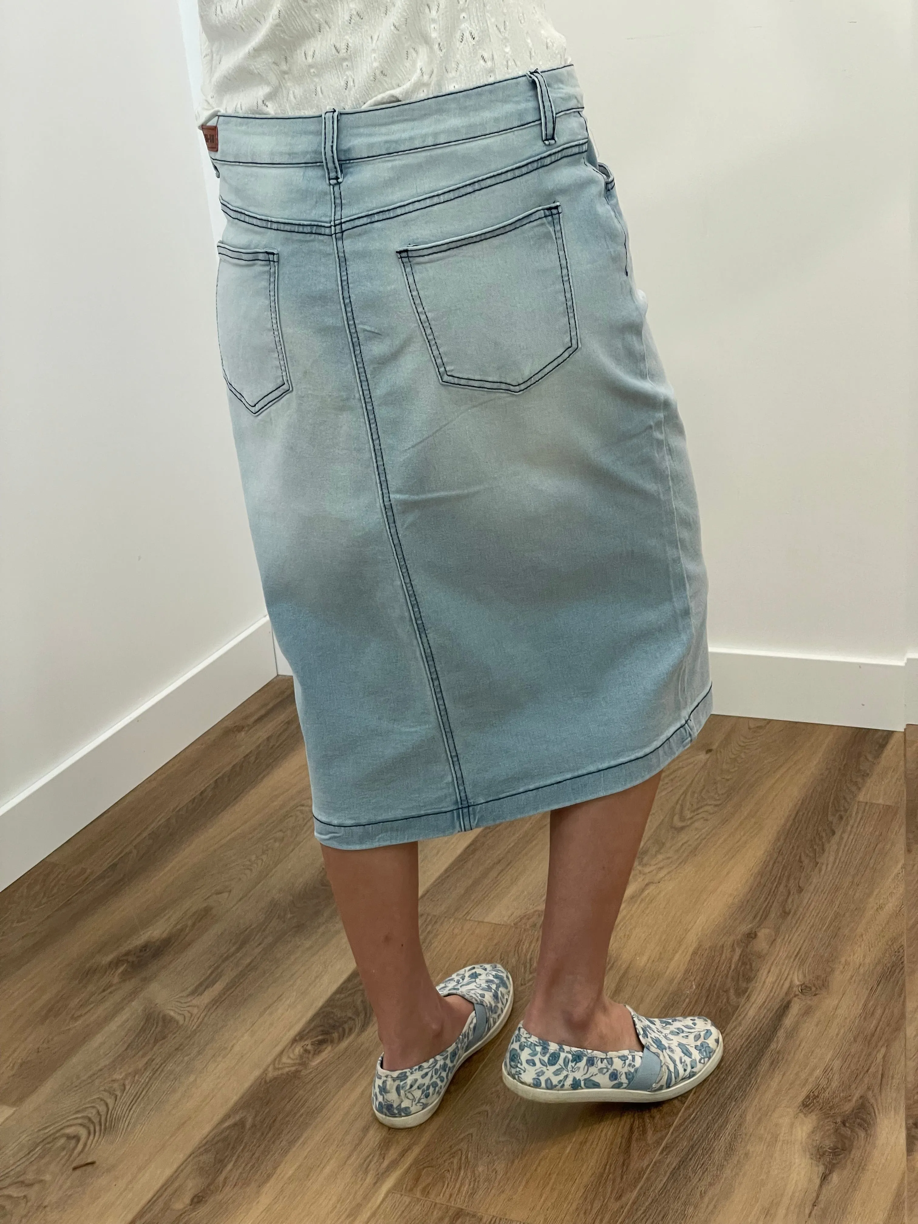 "Ava" Light Indigo Calf Length Denim Skirt