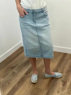 "Ava" Light Indigo Calf Length Denim Skirt