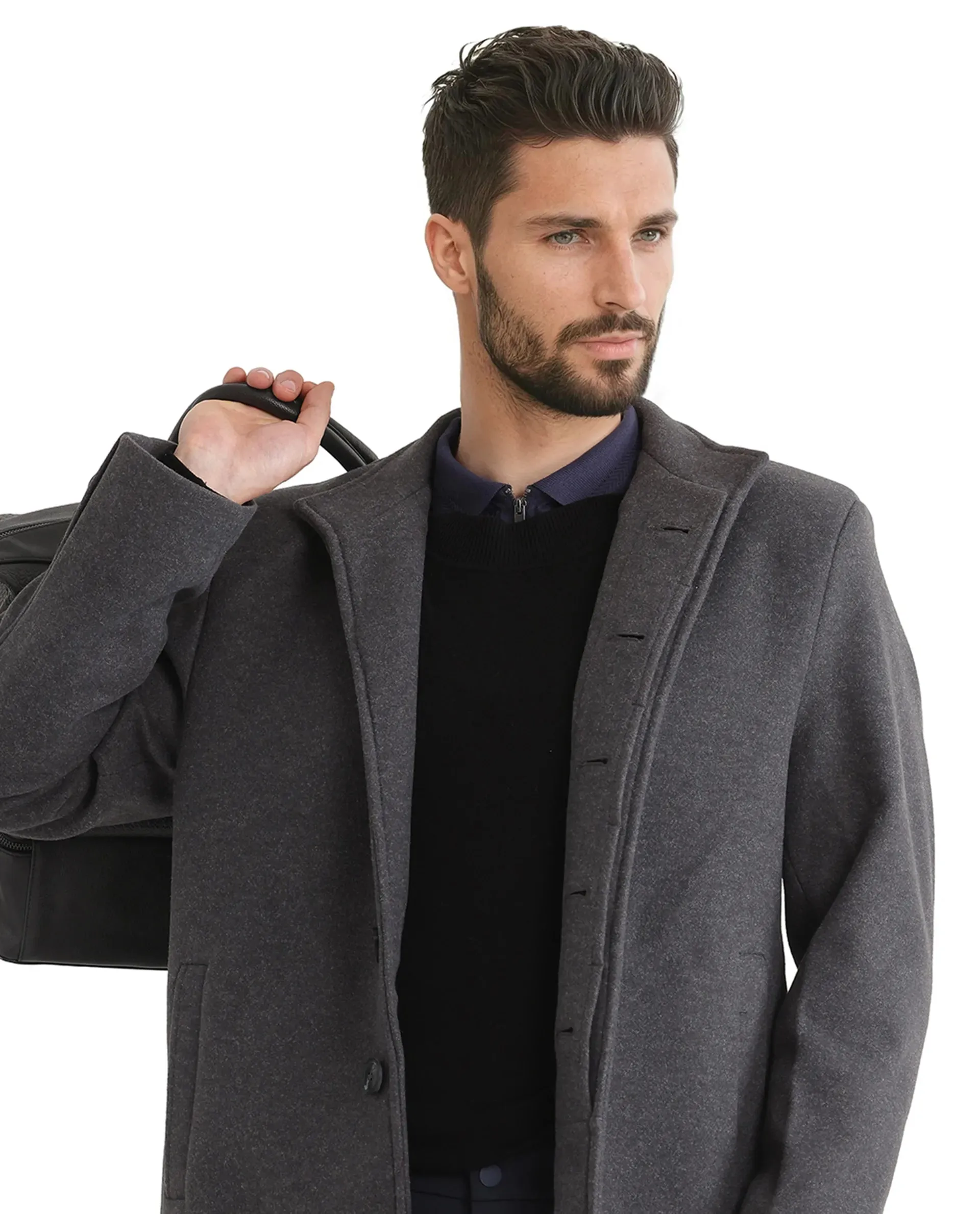 Rare Rabbit Men Dune-2 Grey Polyester Rayon Fabric Full Sleeve Round Neck Button Closure Textured Long Coat