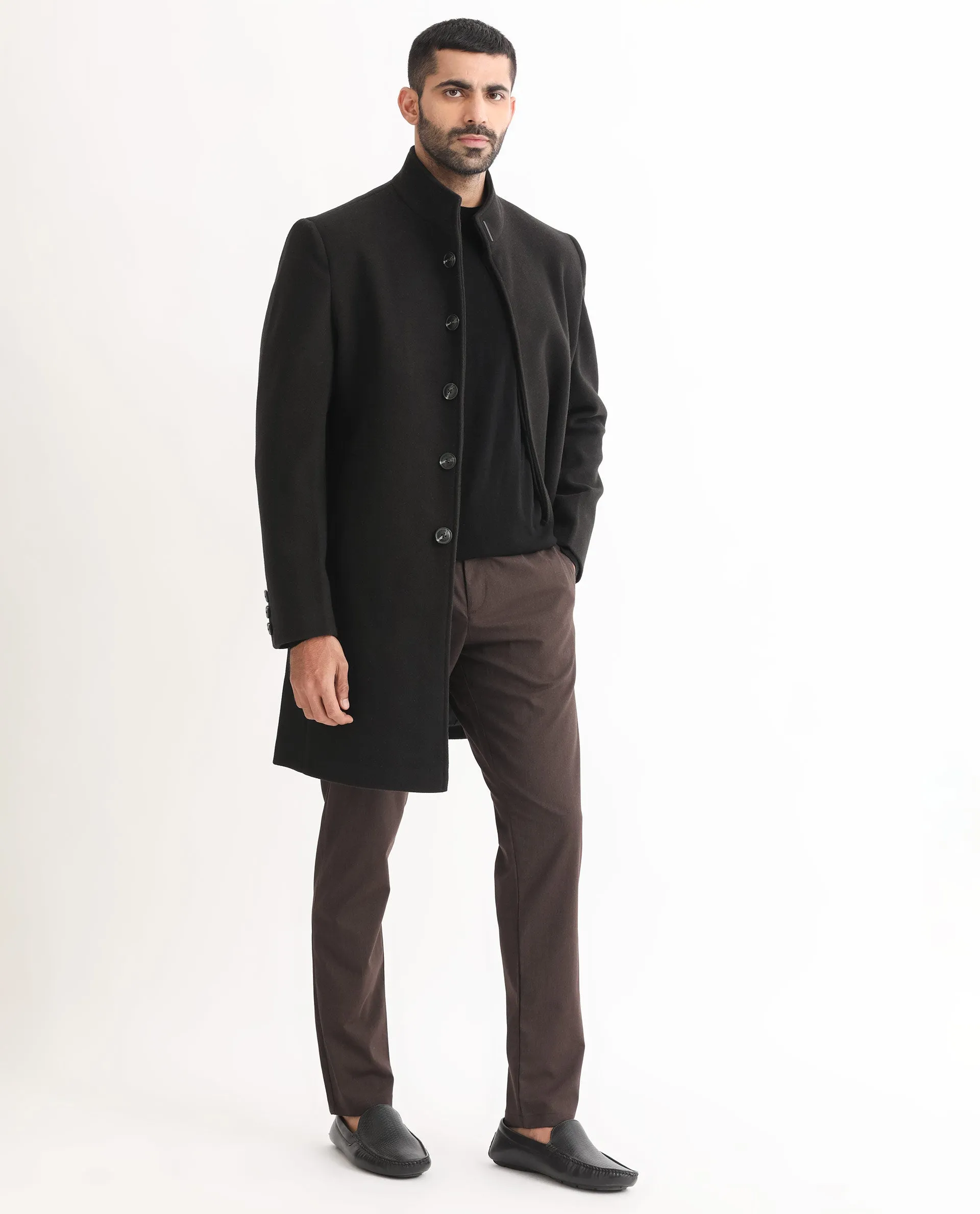 Rare Rabbit Men's Dune Black Textured High Neck Long Coat