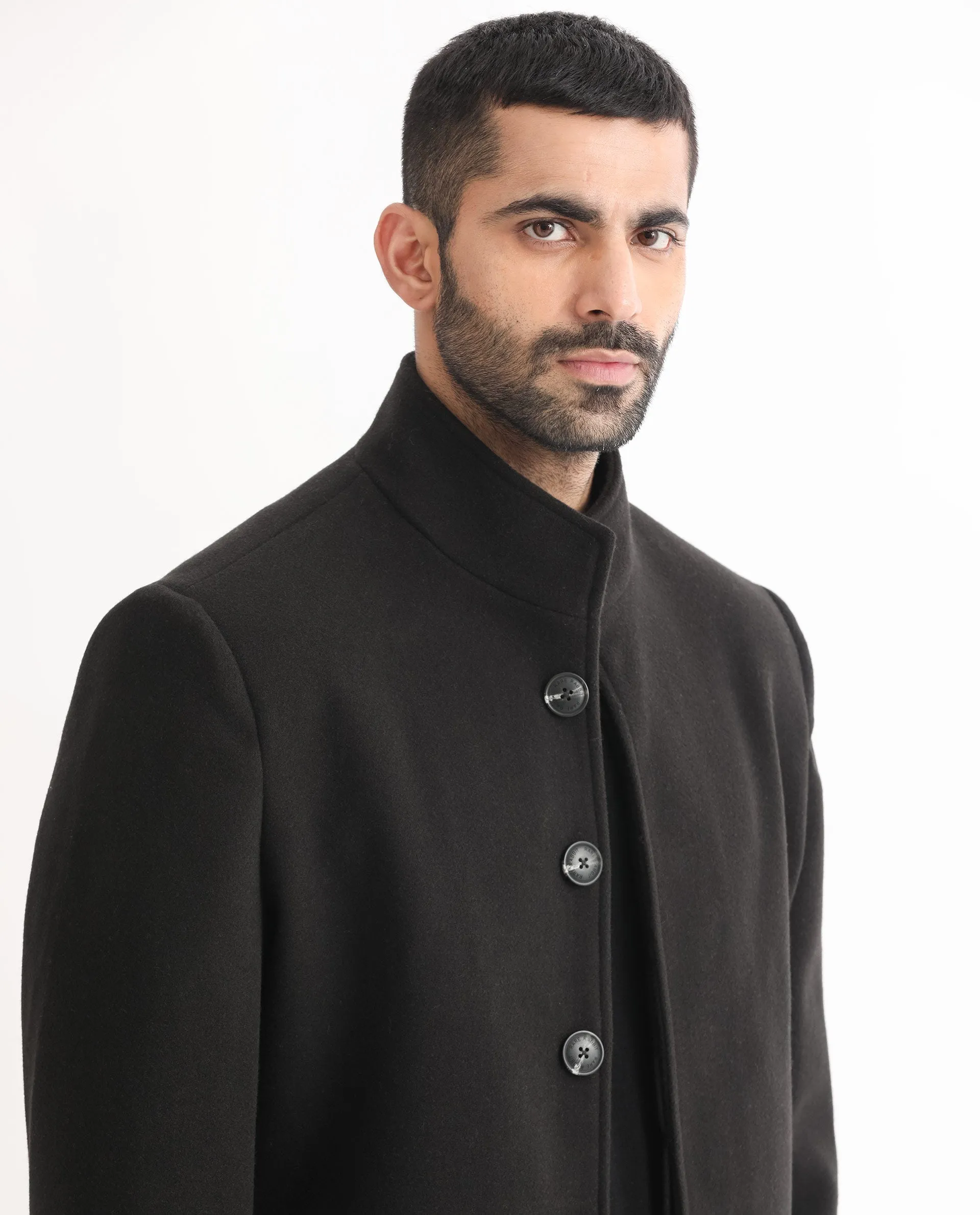 Rare Rabbit Men's Dune Black Textured High Neck Long Coat