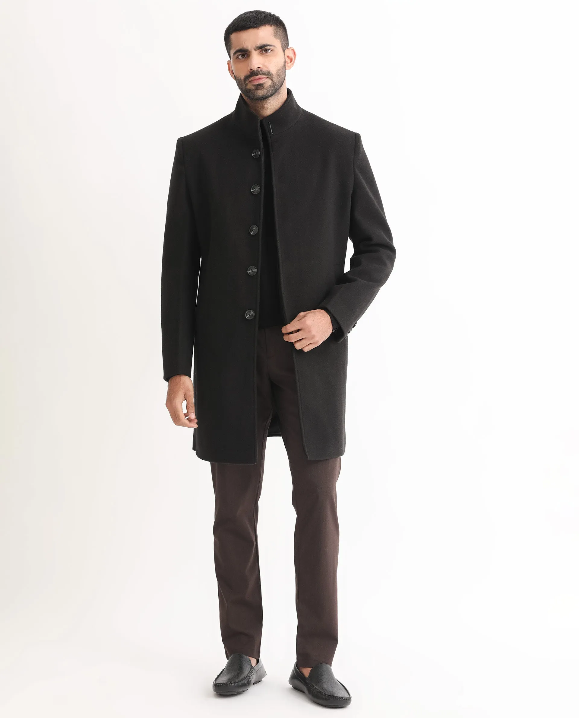 Rare Rabbit Men's Dune Black Textured High Neck Long Coat