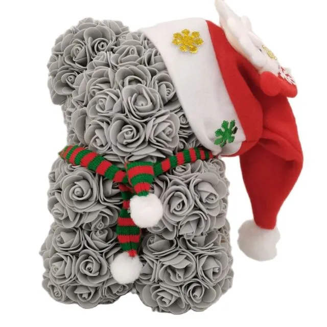Rose Teddy Bear with Christmas Hat For Christmas Gift