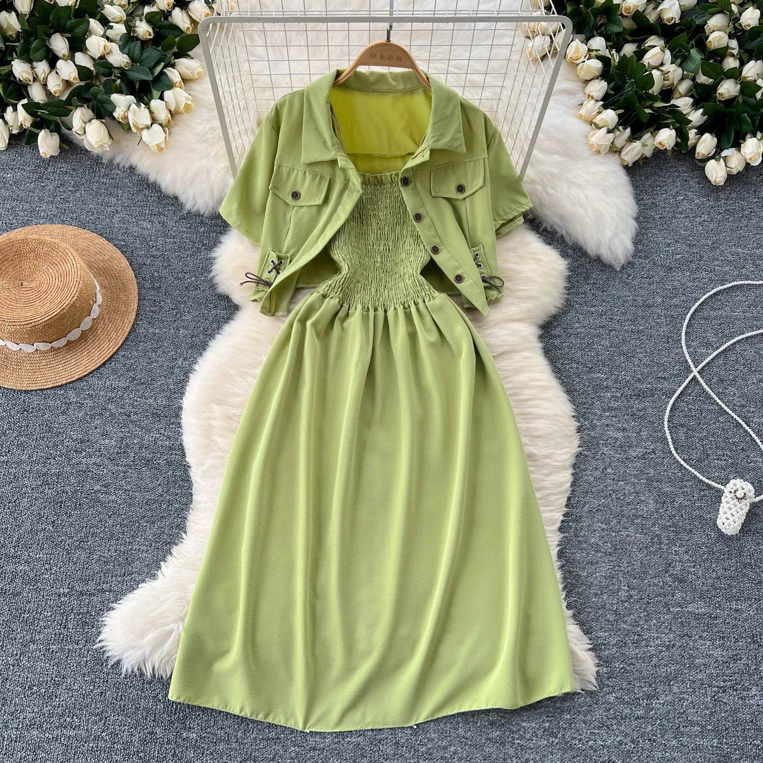 Short Shirt&Pleated Slip Dress 2Pcs