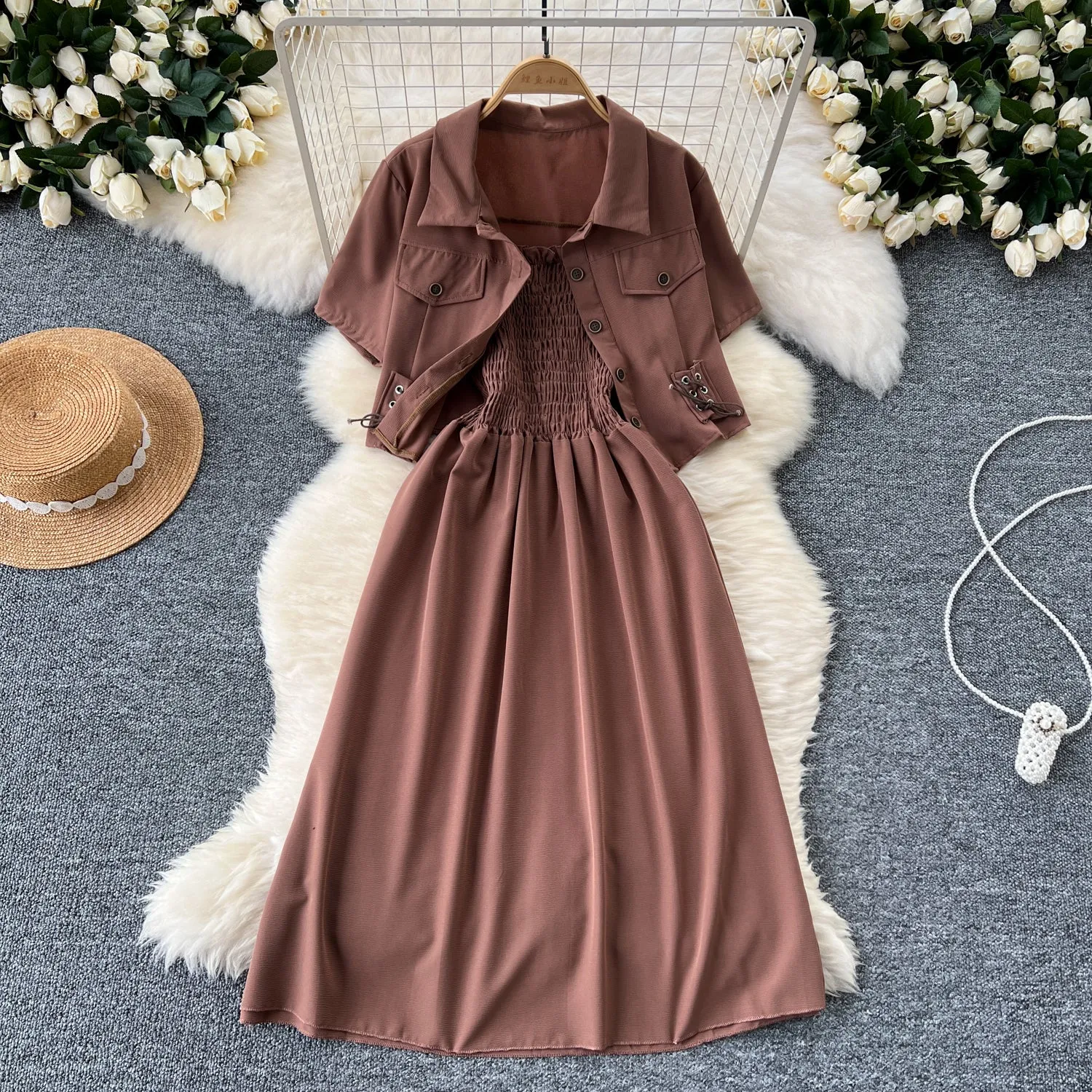 Short Shirt&Pleated Slip Dress 2Pcs