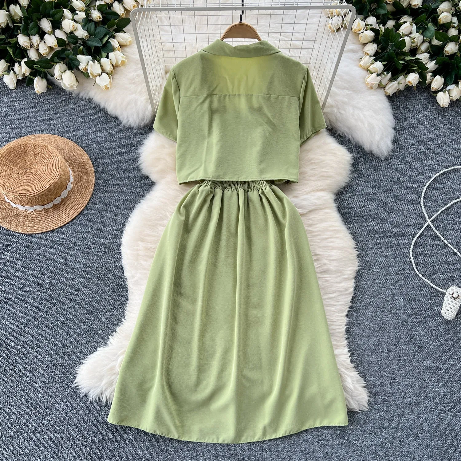Short Shirt&Pleated Slip Dress 2Pcs