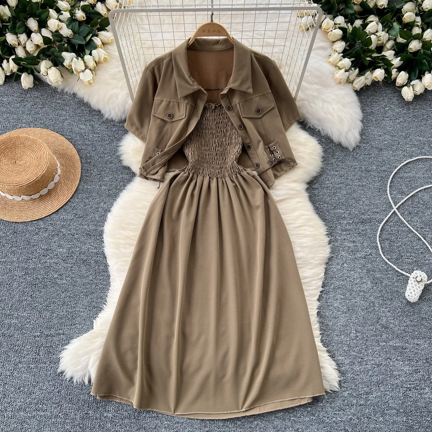 Short Shirt&Pleated Slip Dress 2Pcs