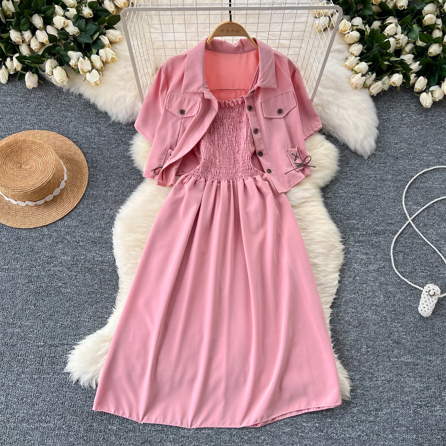 Short Shirt&Pleated Slip Dress 2Pcs