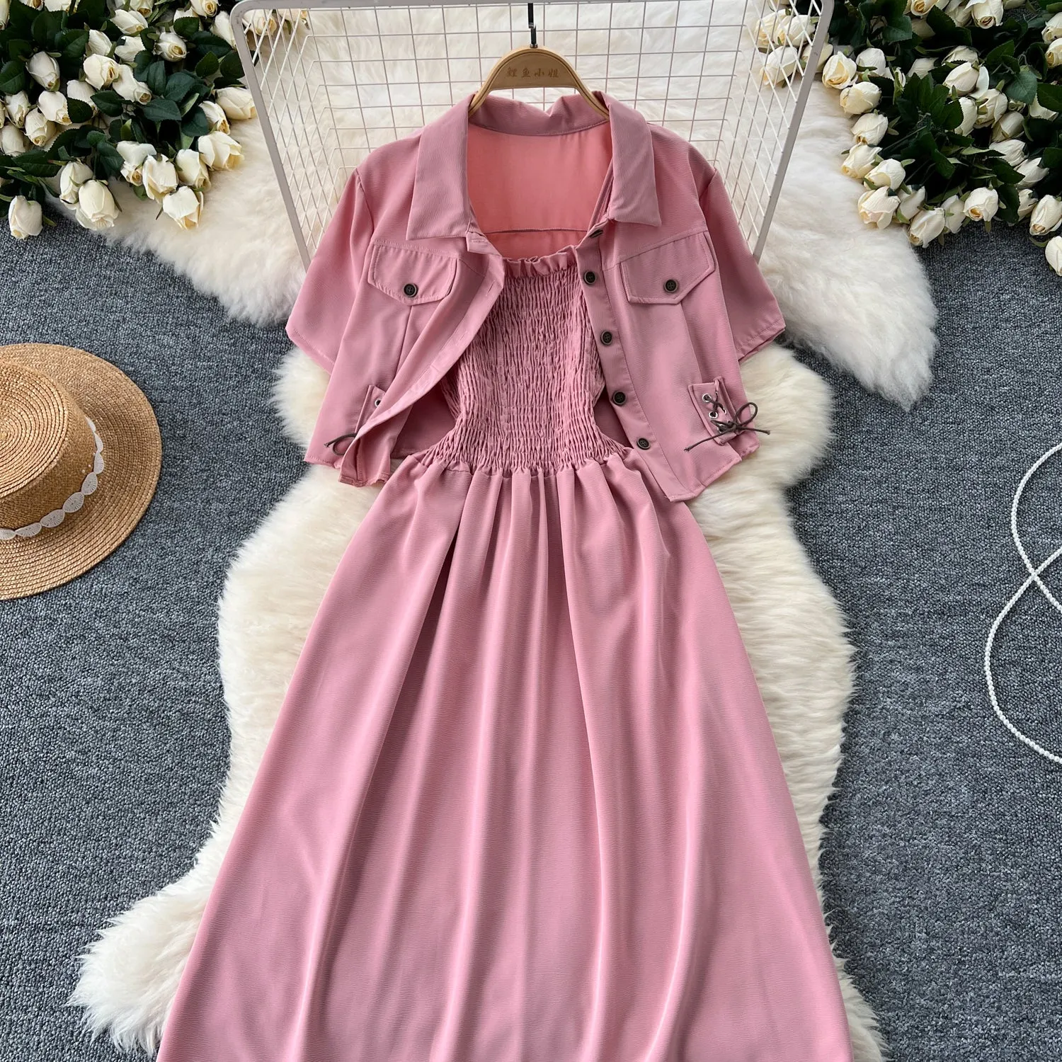Short Shirt&Pleated Slip Dress 2Pcs
